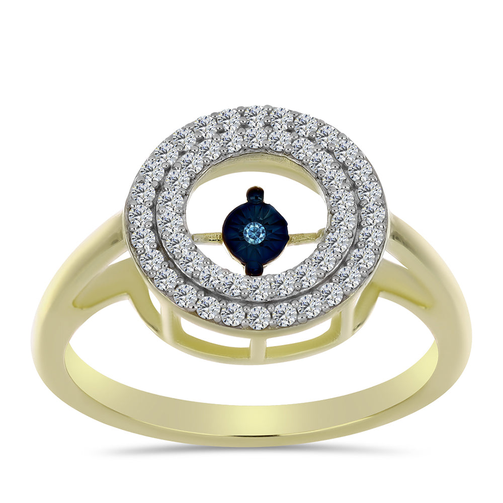 Goldplattierter Silberring mit blauem tanzendem Diamanten und weißem Topas