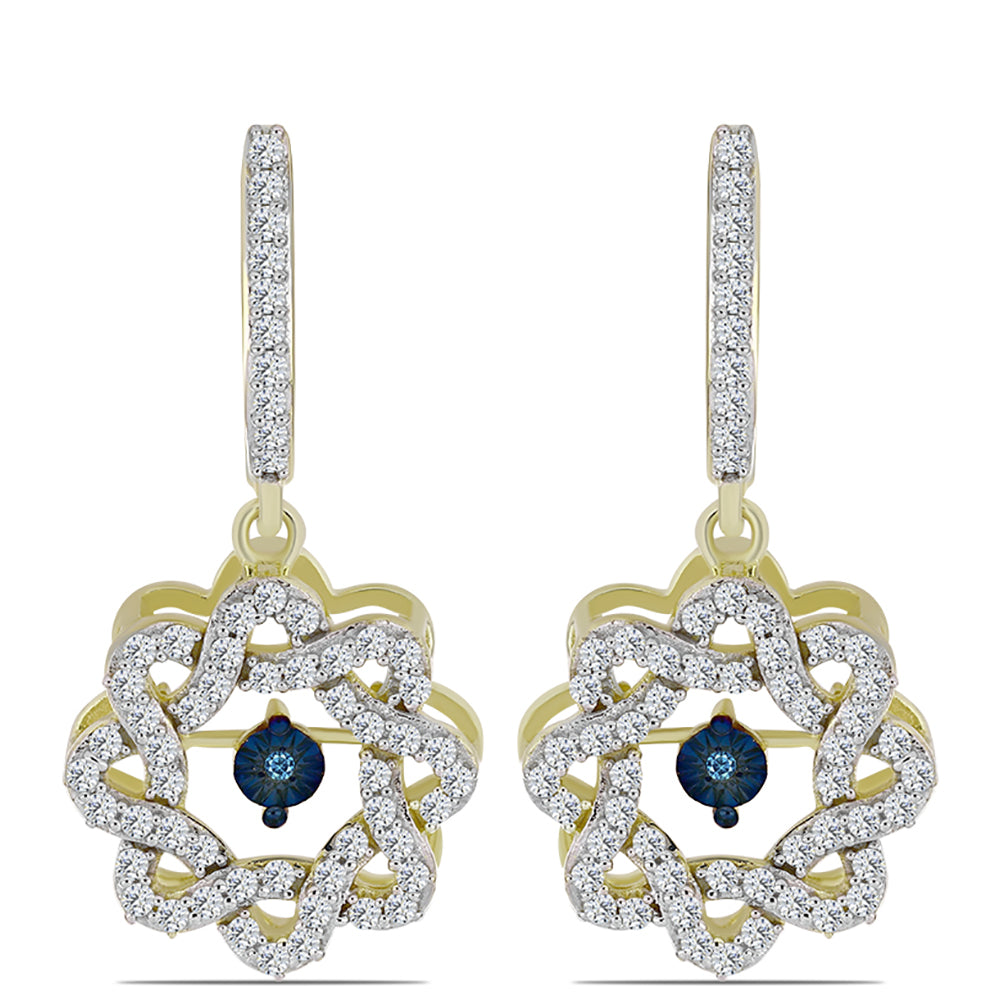 Goldplattierte Silberohrringe mit blauem tanzendem Diamanten und weißem Topas