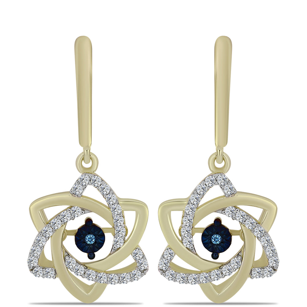 Goldplattierte Silberohrringe mit blauem tanzendem Diamanten und weißem Topas