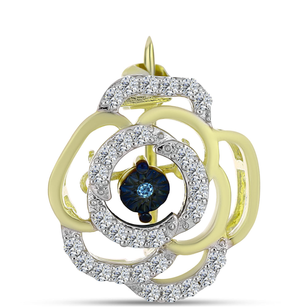Goldplattierte Silberbrosche mit blauem tanzendem Diamanten und weißem Topas