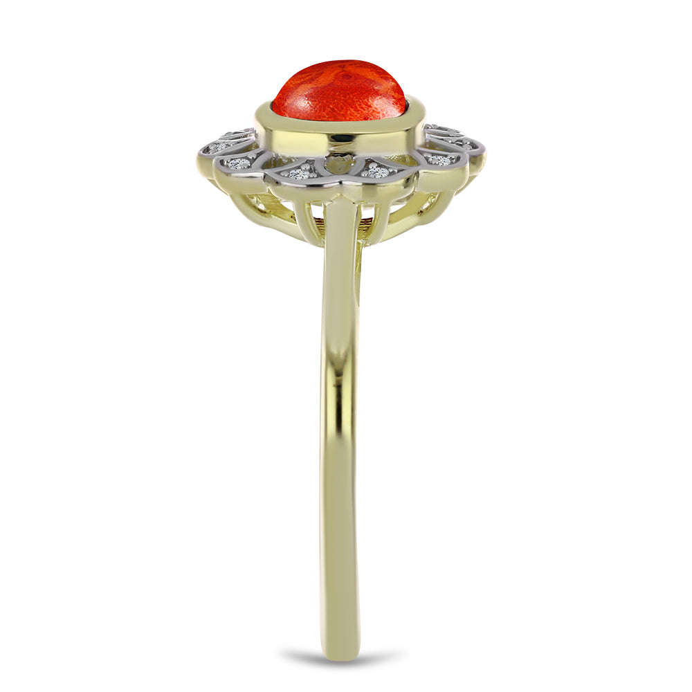 Goldplattierter Silberring mit roter Schwammkoralle und weißem Topas