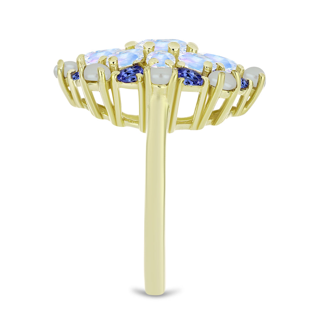 Goldplattierter Silberring mit weißer Süßwasserperle und Tansanit