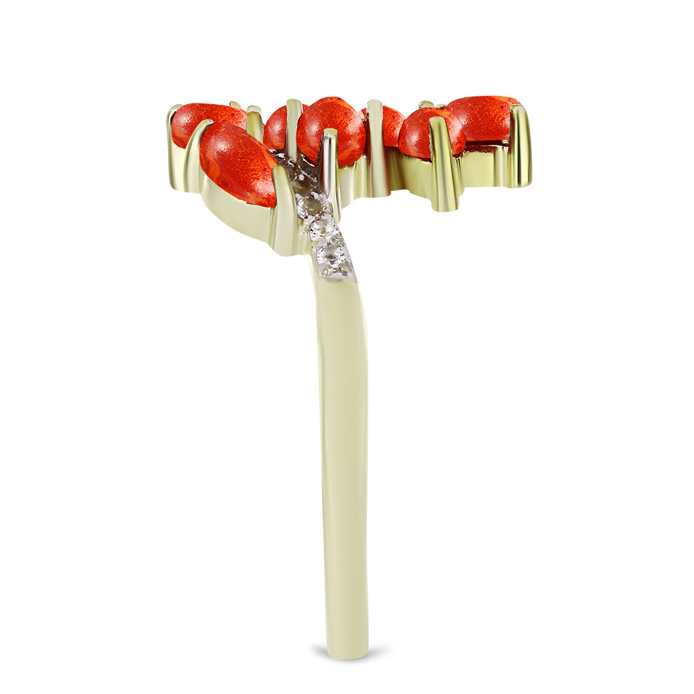 Goldplattierter Silberring mit roter Schwammkoralle und weißem Topas