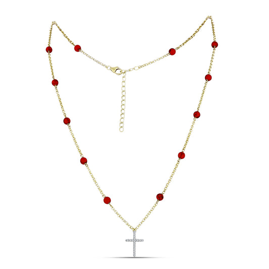 Goldplattierte Silberhalskette mit roter Schwammkoralle und weißem Topas