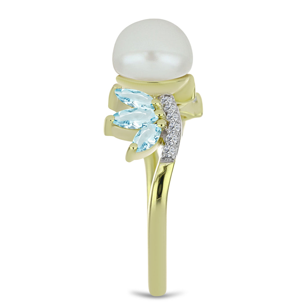 Goldplattierter Silberring mit weißer Süßwasserperle und Aquamarin