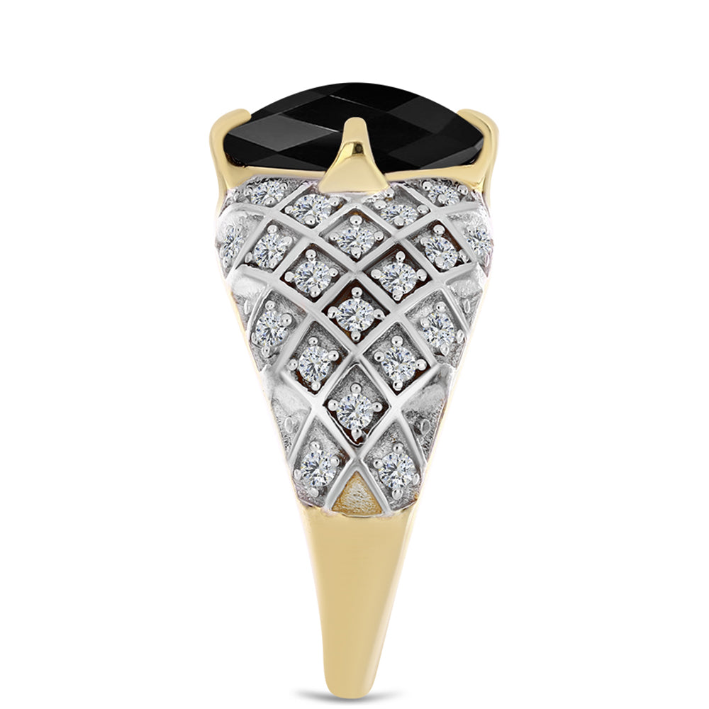 Goldplattierter Silberring mit schwarzem Onyx und weißem Topas