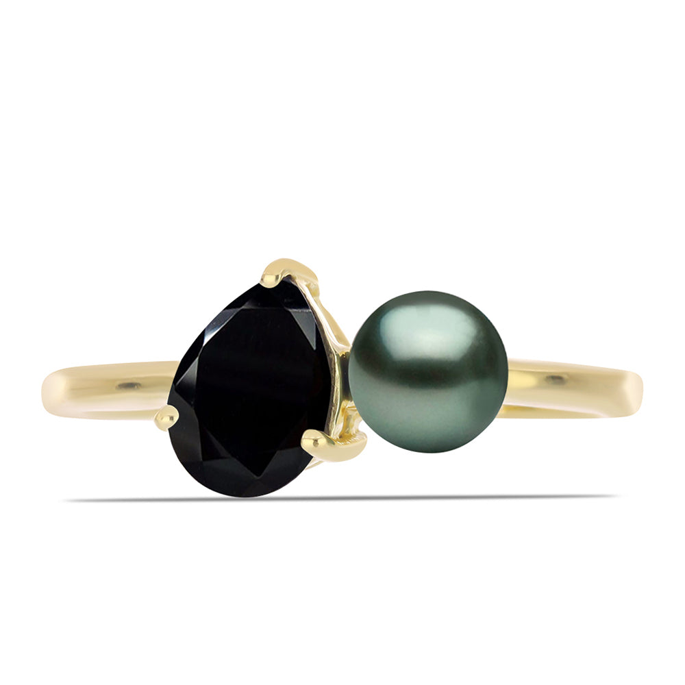 Goldplattierter Silberring mit Tahitigrüne-Illusion Süßwasserperle und schwarzem Spinell aus Gorno Badakhshan