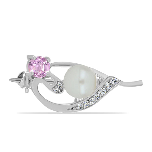 Silberbrosche mit Kunzit aus Pala und weißer Süßwasserperle