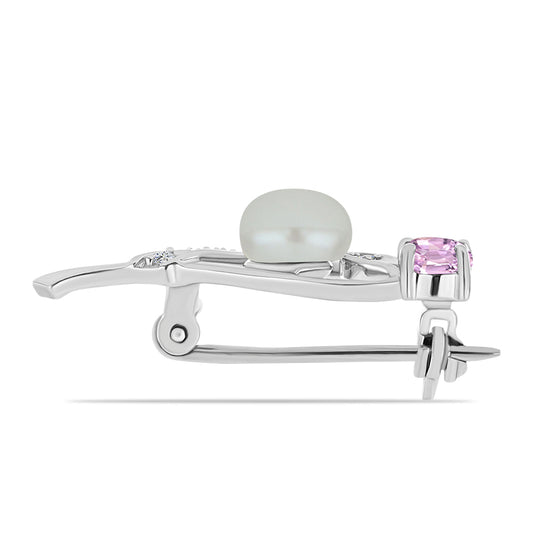 Silberbrosche mit Kunzit aus Pala und weißer Süßwasserperle