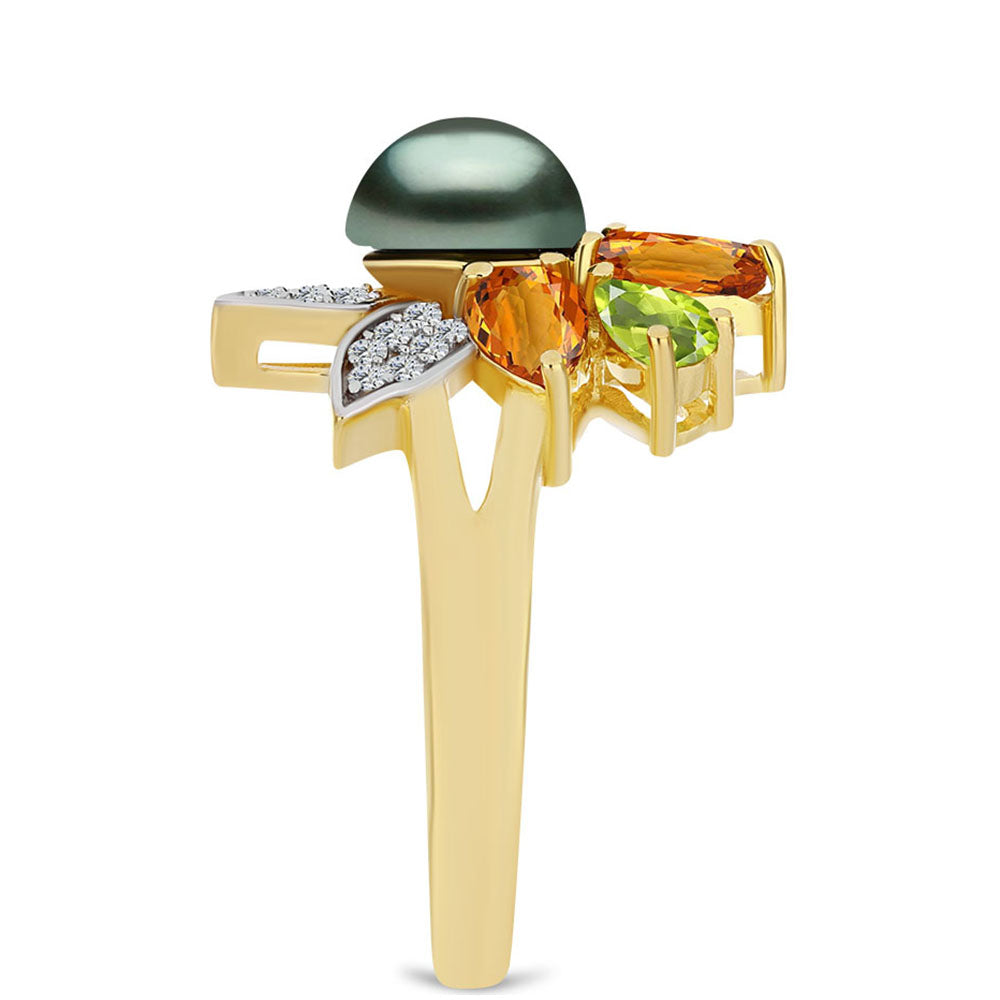 Goldplattierter Silberring mit Tahitigrüne-Illusion Süßwasserperle und Zitrin aus dem Ural