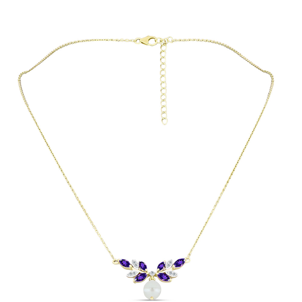Goldplattierte Silberhalskette mit marokkanischem Amethyst und weißer Süßwasserperle