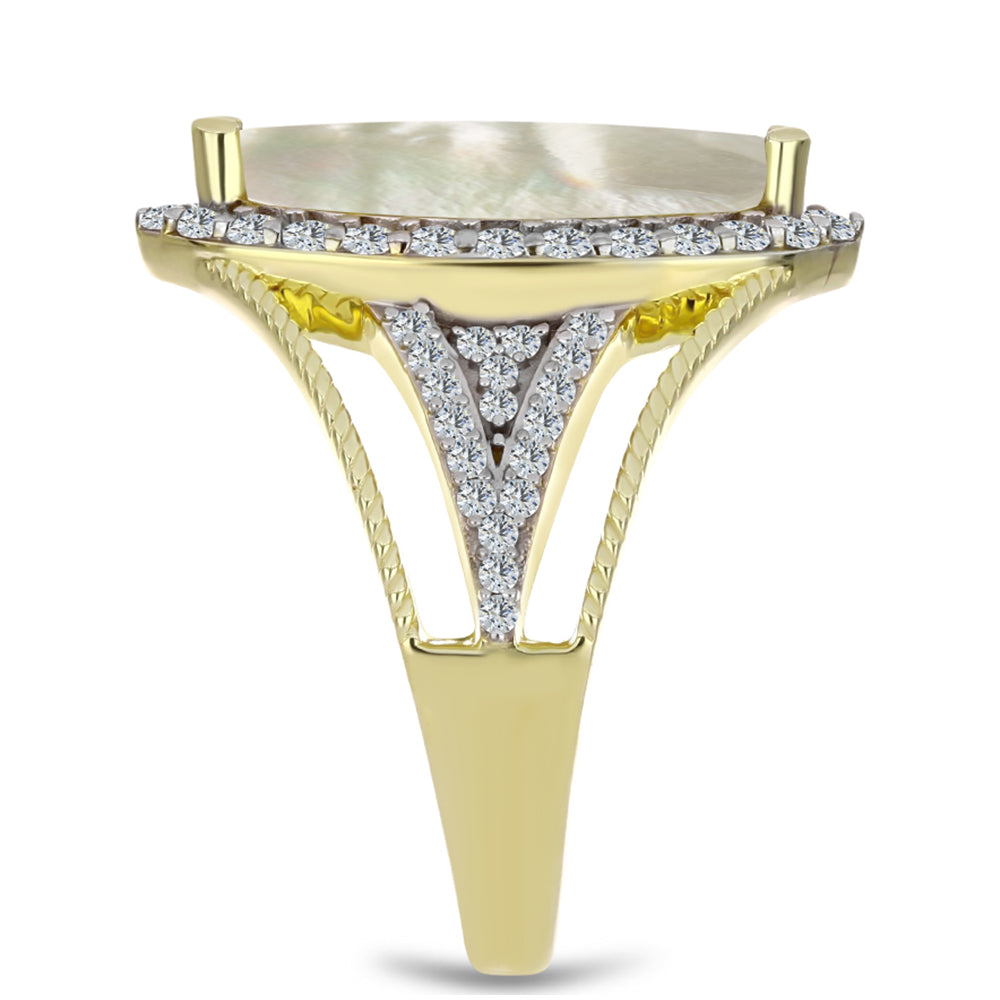 Goldplattierter Silberring mit Perlmutt und weißem Topas