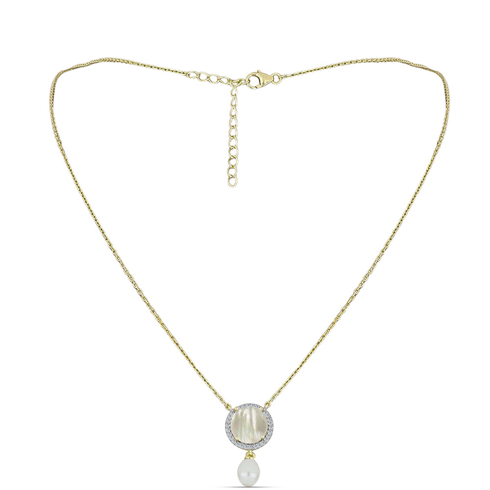 Goldplattierte Silberhalskette mit Perlmutt und weißer Süßwasserperle