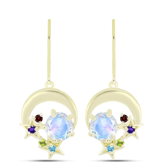 Goldplattierte Silberohrringe mit Regenbogenmondstein und marokkanischem Amethyst