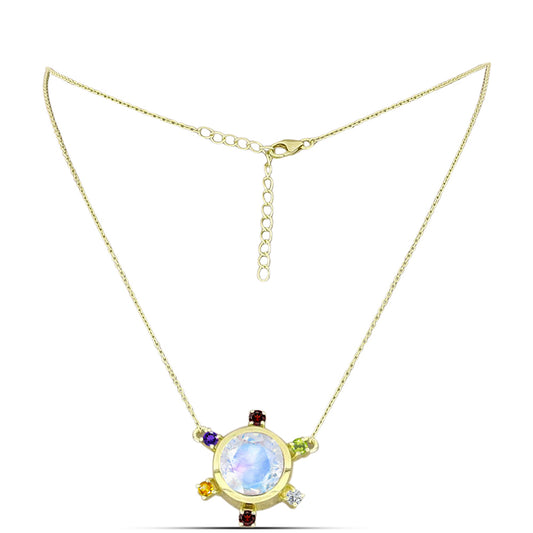 Goldplattierte Silberhalskette mit Regenbogenmondstein und marokkanischem Amethyst