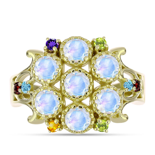 Goldplattierter Silberring mit Regenbogenmondstein und marokkanischem Amethyst