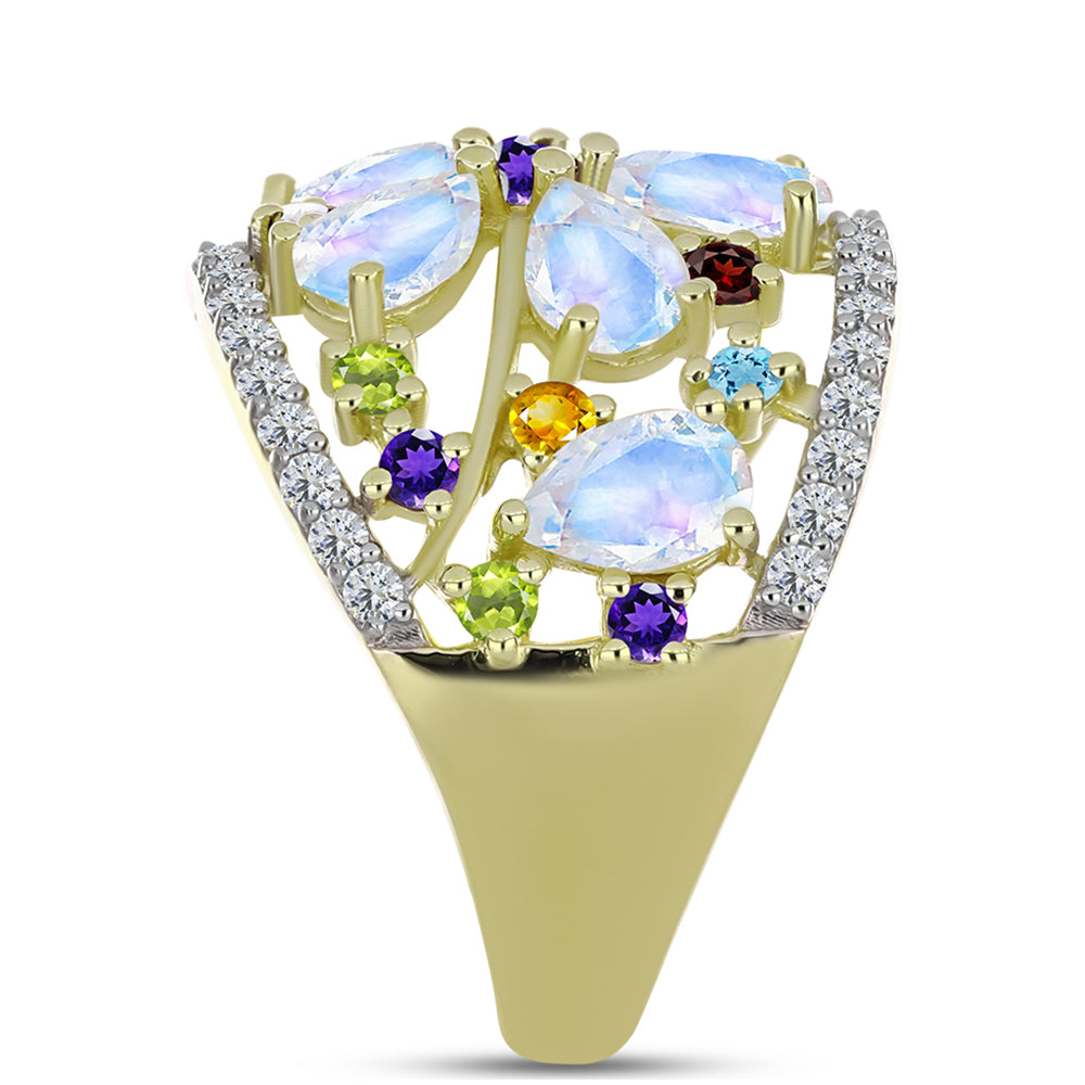 Goldplattierter Silberring mit Regenbogenmondstein und marokkanischem Amethyst