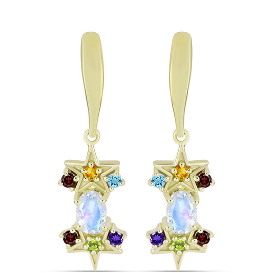 Goldplattierte Silberohrringe mit Regenbogenmondstein und marokkanischem Amethyst