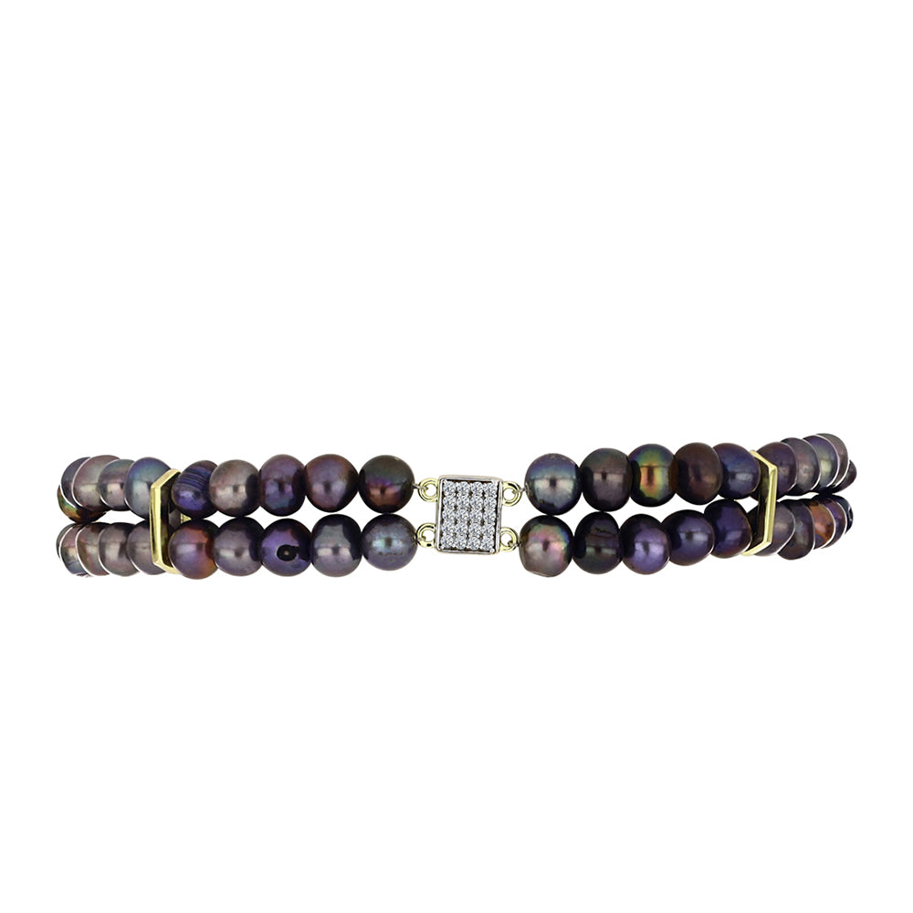 Goldplattiertes Silberarmband mit schwarzer Süßwasserperle und weißem Topas