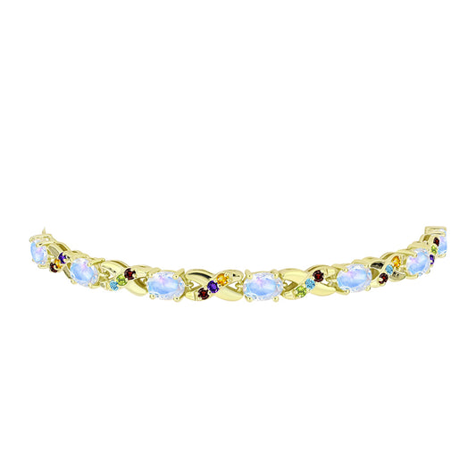 Goldplattiertes Silberarmband mit Regenbogenmondstein und marokkanischem Amethyst