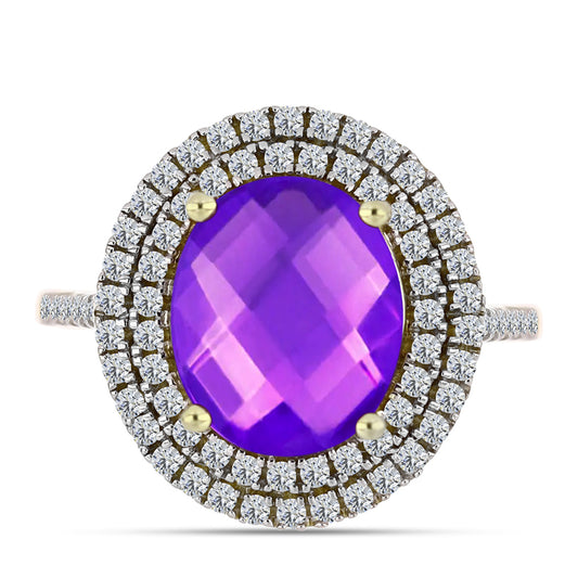 Goldplattierter Silberring mit lila Achat und weißem Topas