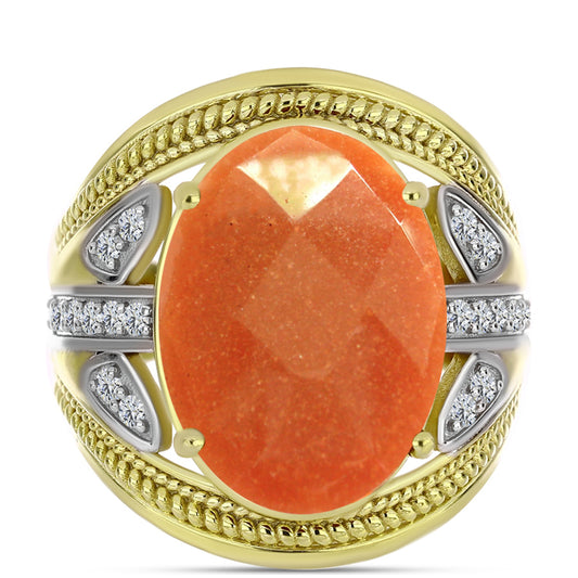 Goldplattierter Silberring mit Sonnenstein aus Oregon und weißem Topas