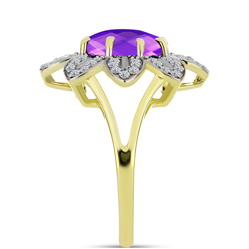 Goldplattierter Silberring mit lila Achat und weißem Topas