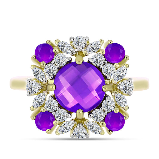 Goldplattierter Silberring mit lila Achat und weißem Topas