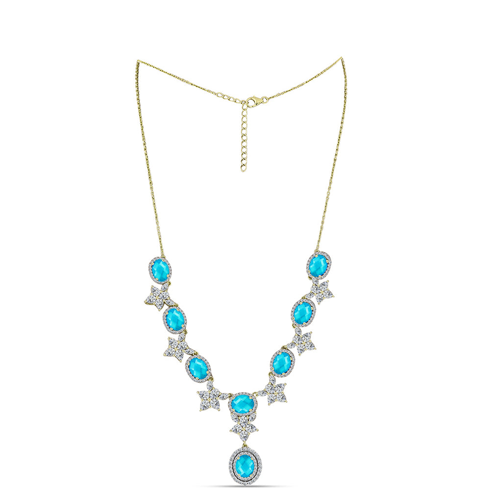 Goldplattierte Silberhalskette mit blauem Jade und weißem Topas