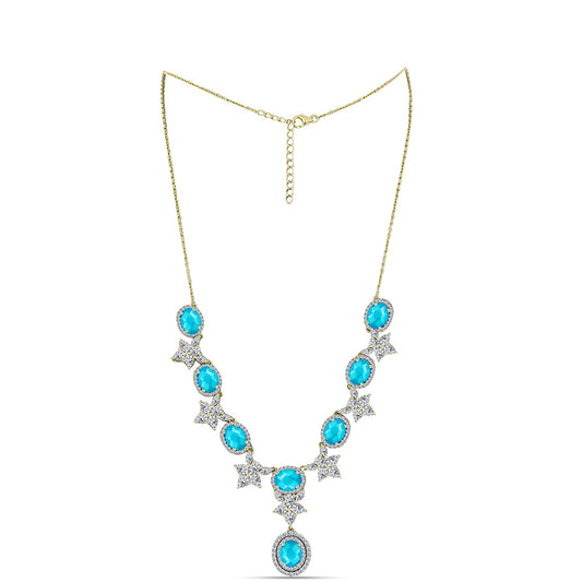 Goldplattierte Silberhalskette mit blauem Jade und weißem Topas