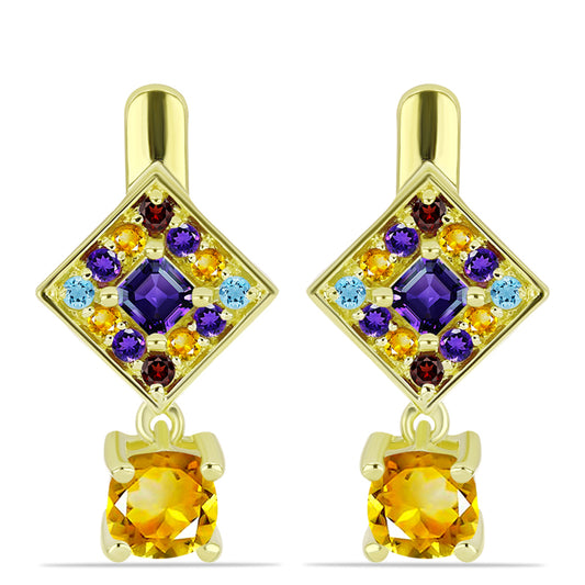 Goldplattierte Silberohrringe mit Zitrin aus dem Ural und marokkanischem Amethyst