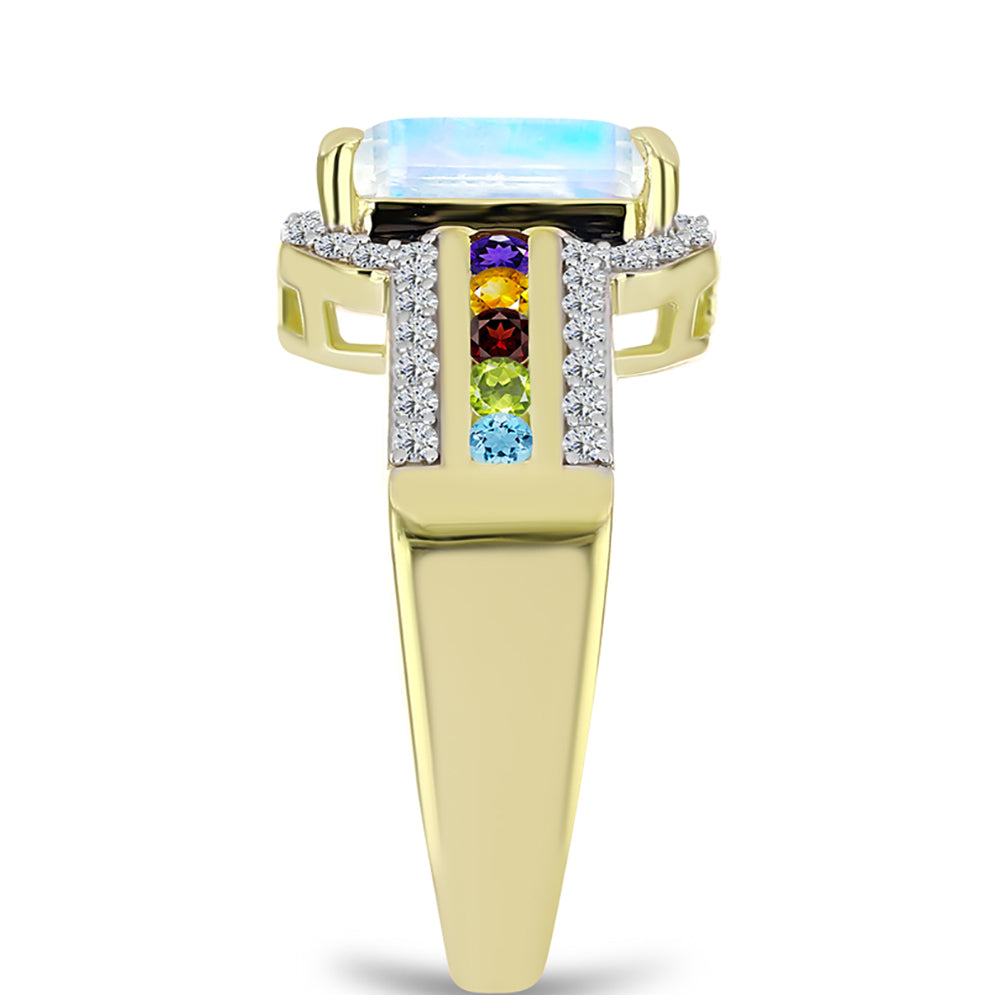 Goldplattierter Silberring mit Regenbogenmondstein und marokkanischem Amethyst