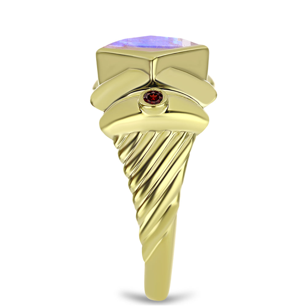 Goldplattierter Silberring mit Regenbogenmondstein und Barton Granat
