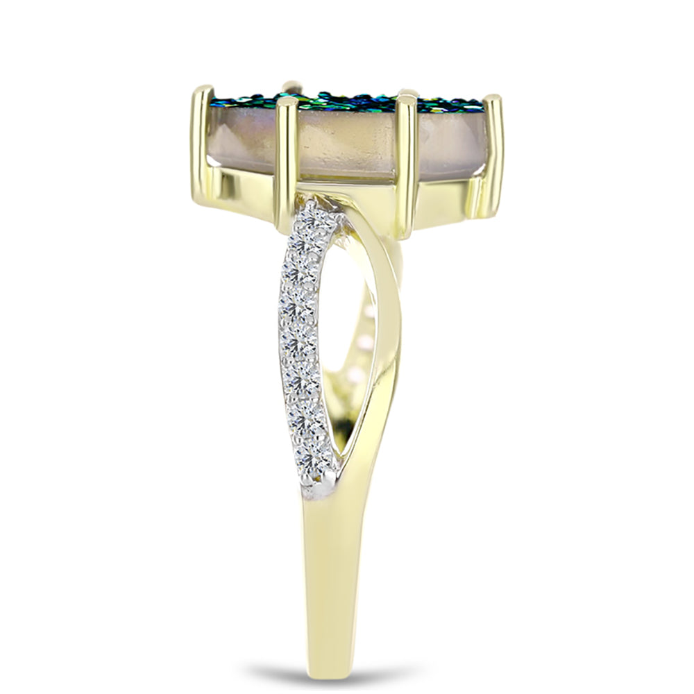 Goldplattierter Silberring mit grüner Druse und weißem Topas