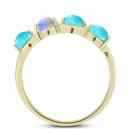 Goldplattierter Silberring mit Dornröschen Türkis und Regenbogenmondstein