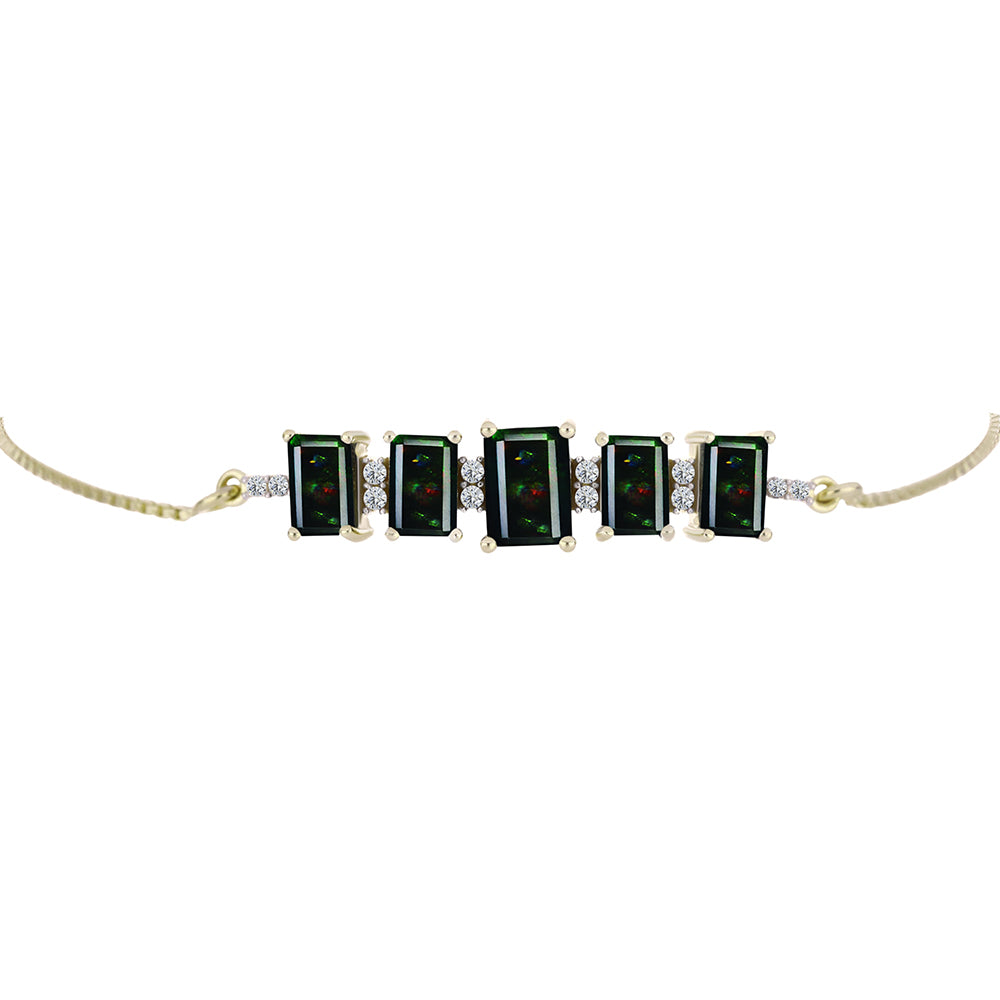Goldplattiertes Silberarmband mit mitternachtsschwarzem äthiopischen Opal aus Lega Dembi und weißem Topas