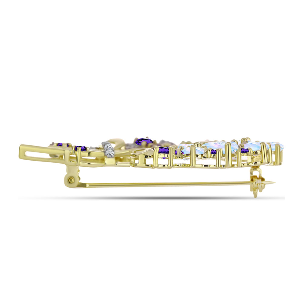 Goldplattierte Silberbrosche mit Regenbogenmondstein und marokkanischem Amethyst