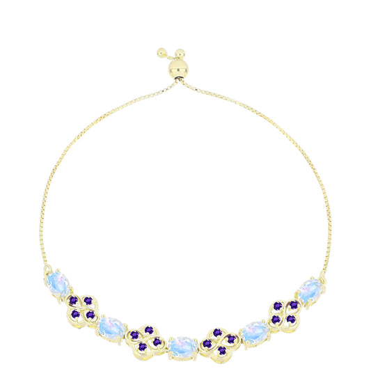 Goldplattiertes Silberarmband mit Regenbogenmondstein und marokkanischem Amethyst