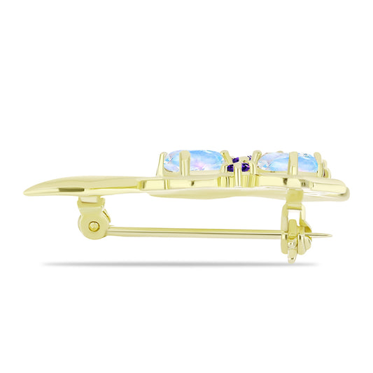 Goldplattierte Silberbrosche mit Regenbogenmondstein und marokkanischem Amethyst