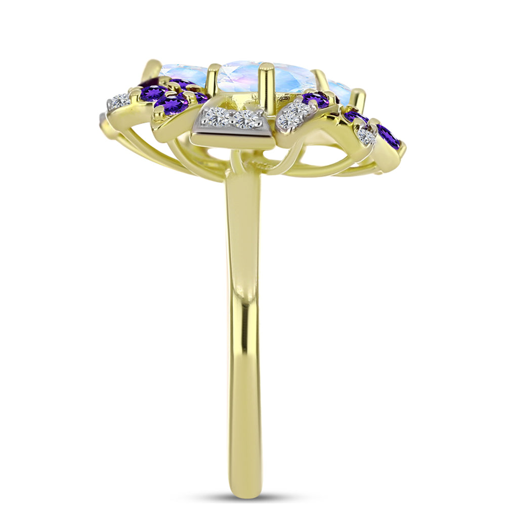 Goldplattierter Silberring mit Regenbogenmondstein und marokkanischem Amethyst