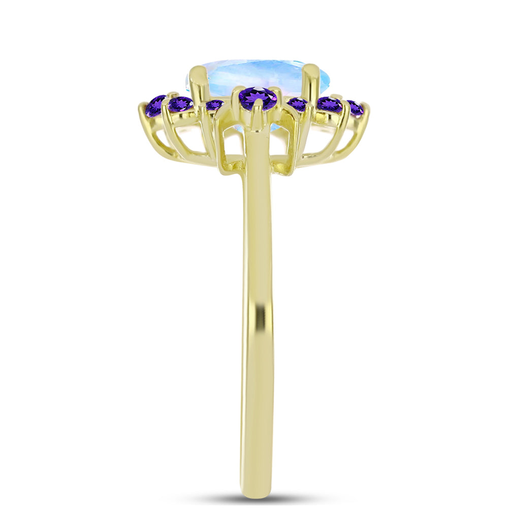 Goldplattierter Silberring mit Regenbogenmondstein und marokkanischem Amethyst