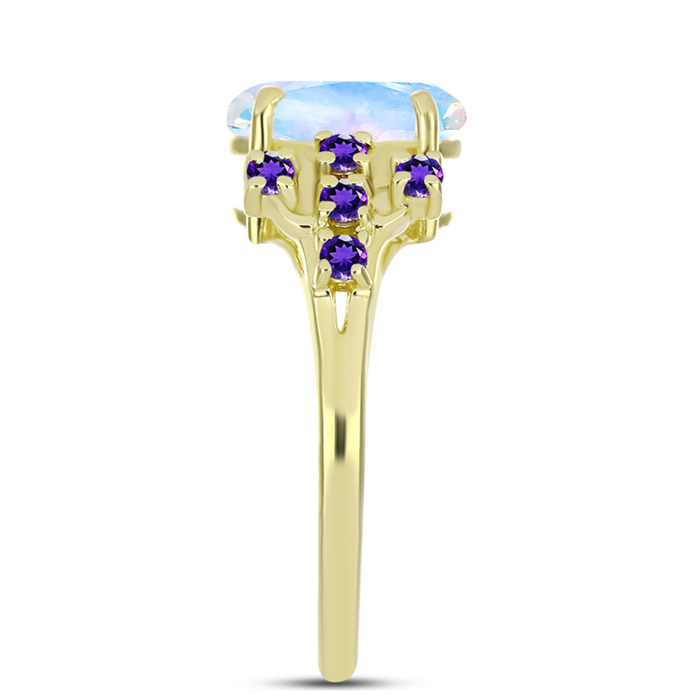 Goldplattierter Silberring mit Regenbogenmondstein und marokkanischem Amethyst