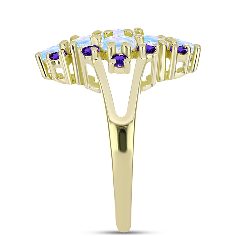 Goldplattierter Silberring mit Regenbogenmondstein und marokkanischem Amethyst