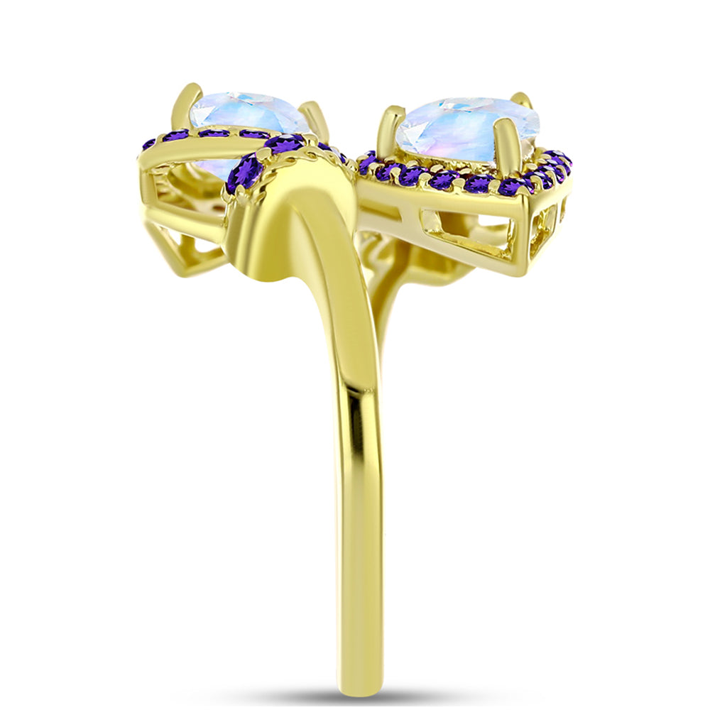 Goldplattierter Silberring mit Regenbogenmondstein und marokkanischem Amethyst