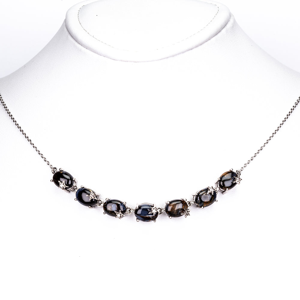 Silberhalskette mit namibischem Pietersite und natürlichem weißem Zirkon