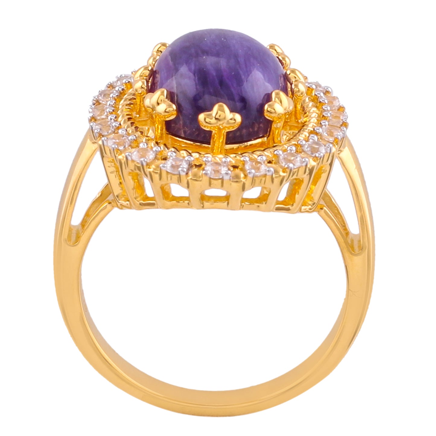 Goldplattierter Silberring mit Charoit und natürlichem Zirkon