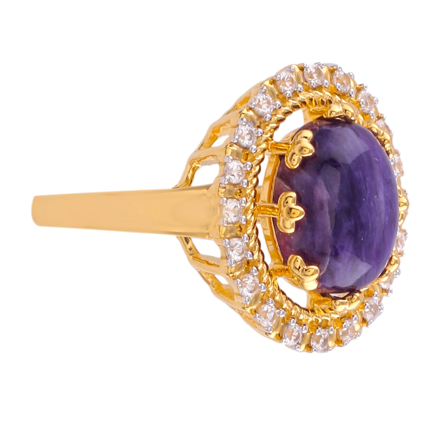 Goldplattierter Silberring mit Charoit und natürlichem Zirkon