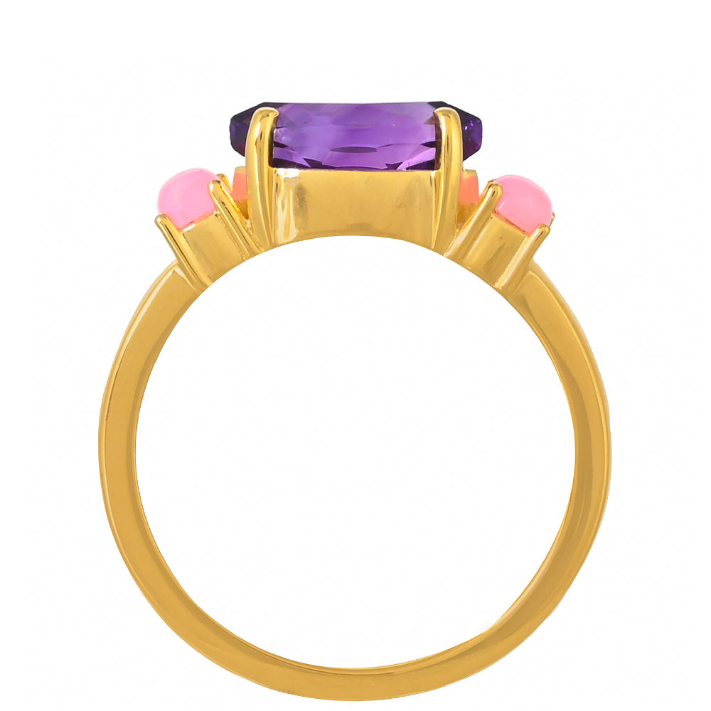 Goldplattierter Silberring mit marokkanischem Amethyst und äthiopischem neon pink Opal