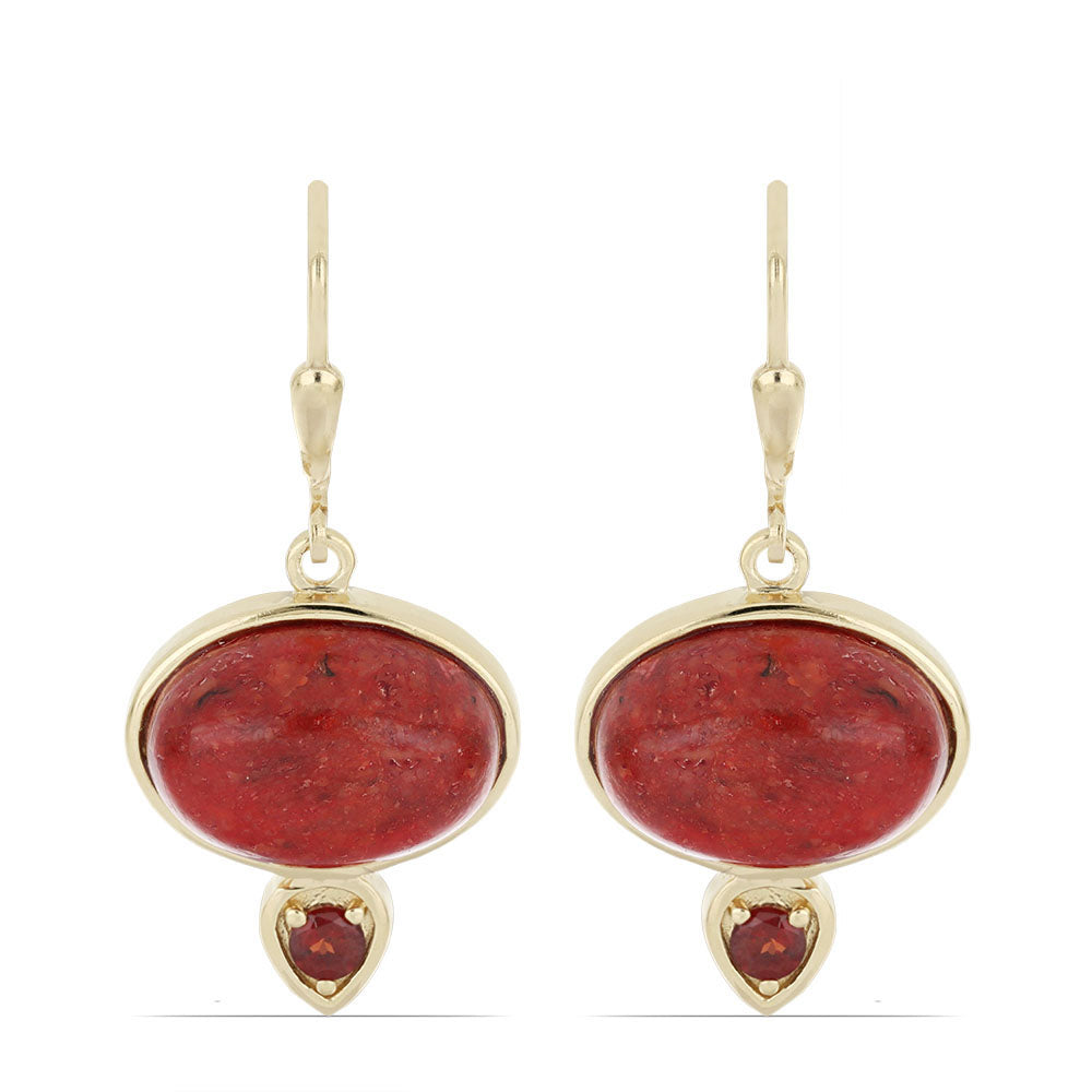 Goldplattierte Silberohrringe mit roter Schwammkoralle und Barton Granat