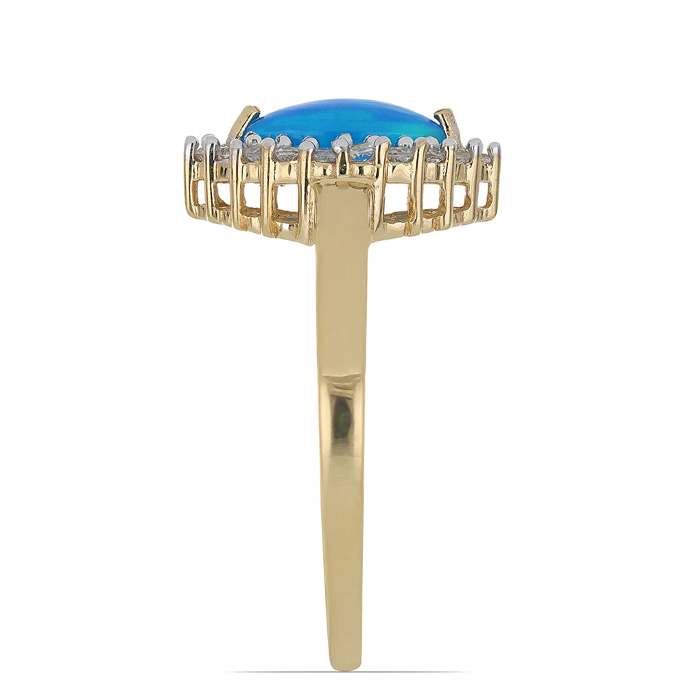 Goldplattierter Silberring mit blauem äthiopischem Opal aus Lega Dembi und weißem Topas